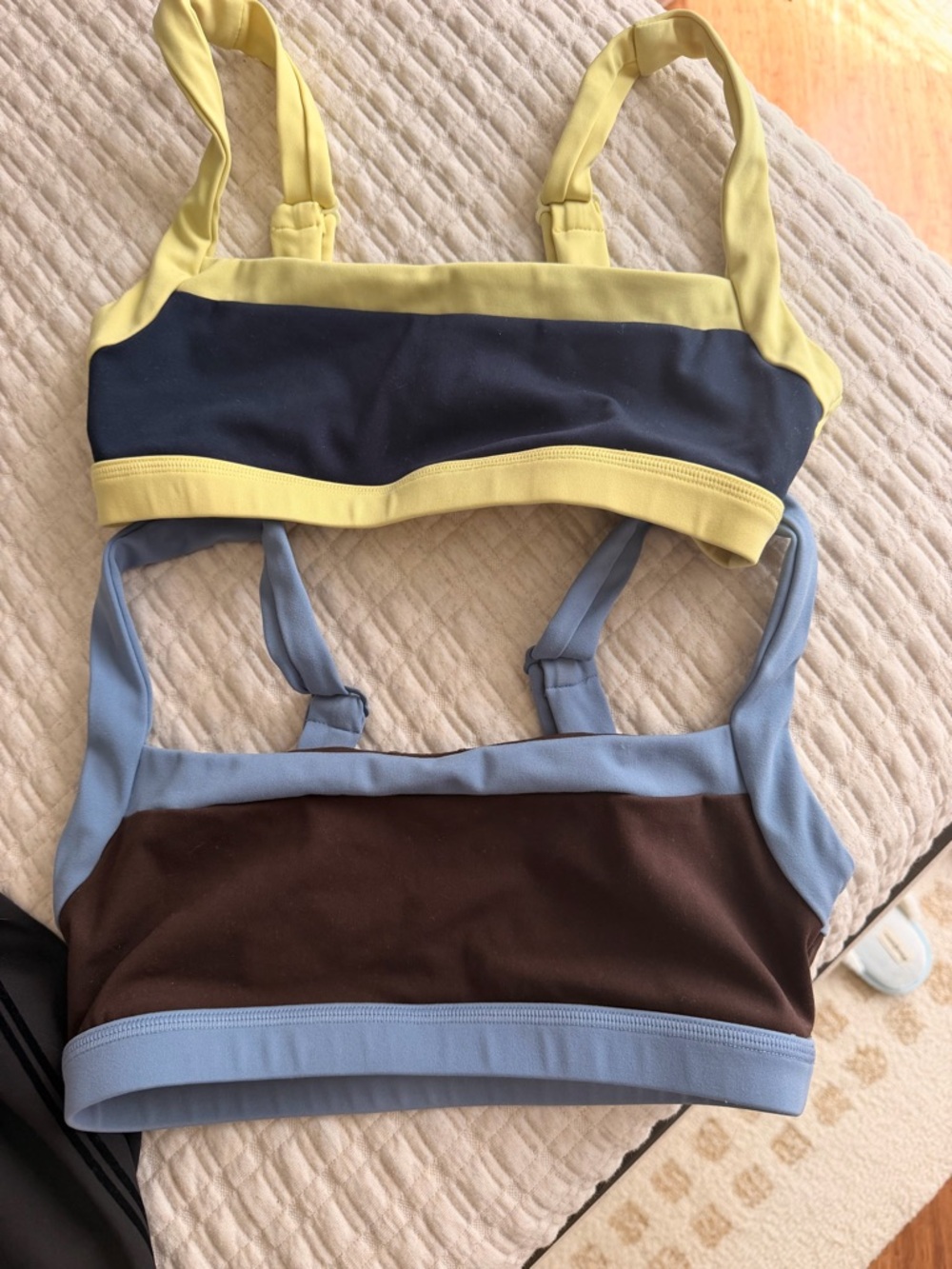 Form Colorblock Sports Bras in Yellow/Navy and Blue/Brown